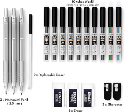 Nicpro Metal 2.0 Mechanical Pencil Set with Case, 3 PCS Drafting Lead Holder with 10 Tubes 2mm Graphite Lead Refill(HB 2H 4H 2B 4B) &Colors, Sharpeners, Erasers for Artist Writing, Drawing, Sketching
