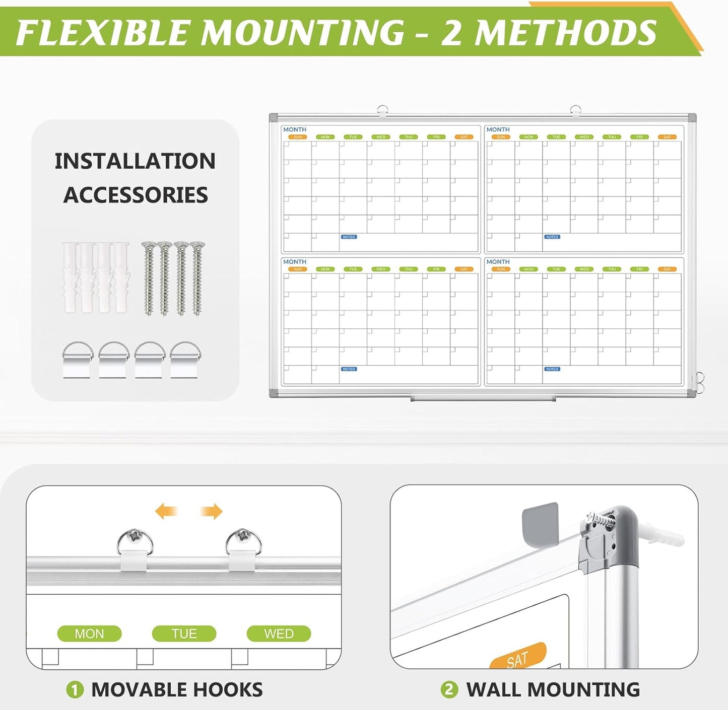 Dry Erase Calendar Whiteboard for Wall, 36" x 24" Magnetic Planner, Silver Aluminum Frame 4 Month Board for Office Home and School