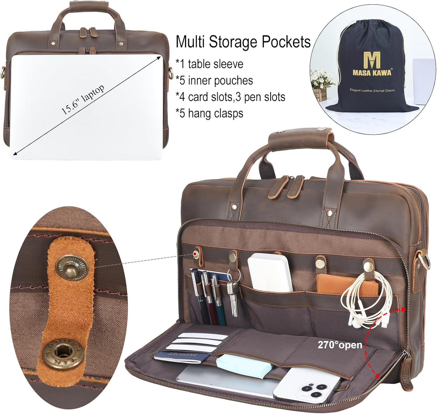 Leather Briefcase for Men 17 Inch Laptop Crossbody Shoulder Messenger Bag Attache Case for Business Travel Work Lawyer