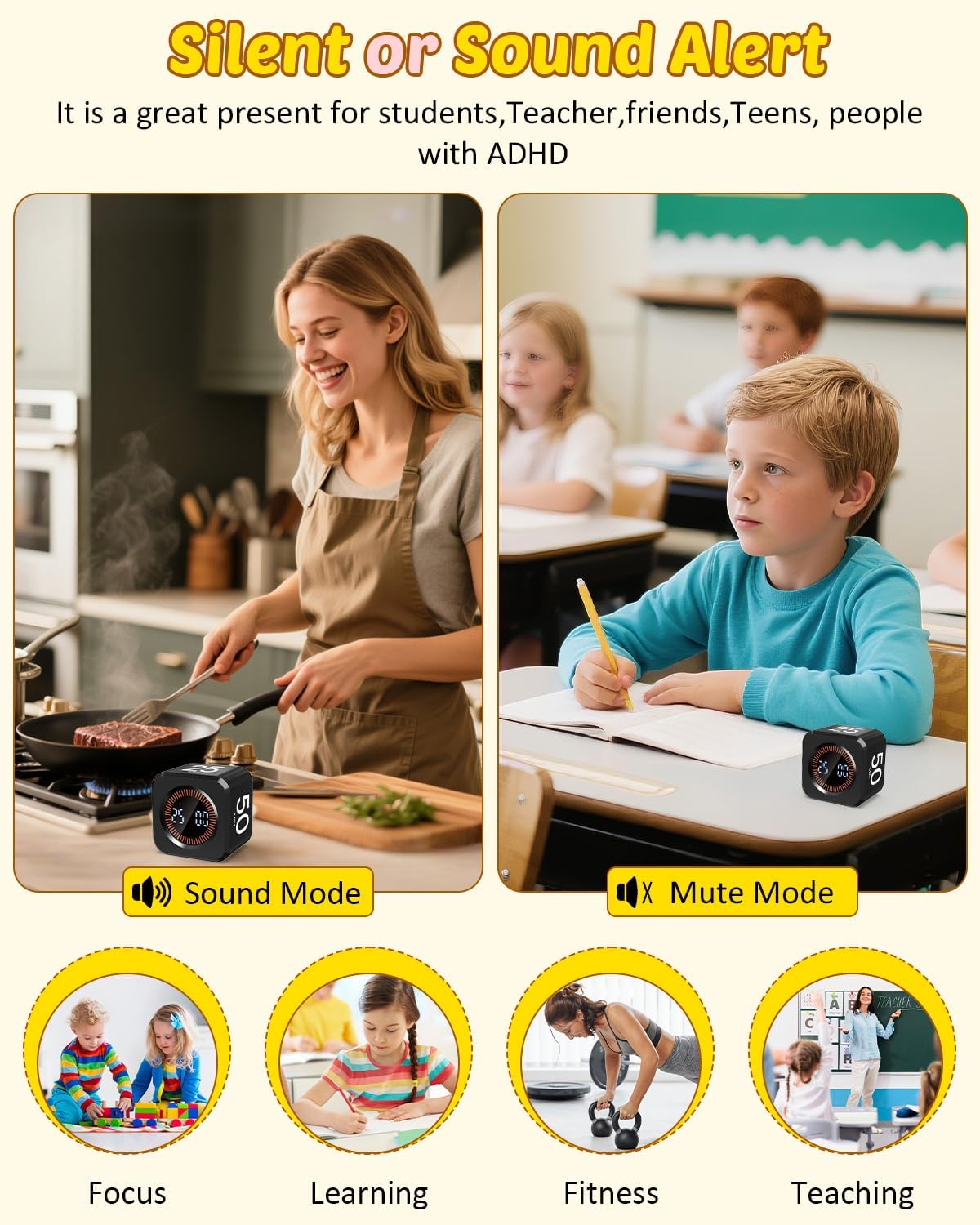 Pomodoro Timer Cube Visual Productivity Flip Timer for Kids Classroom Desk, 5/10/25/50min& Custom Countdown, Silent&Sound Mode Digital Cube for ADHD Study Work School Game Kitchen (Black)