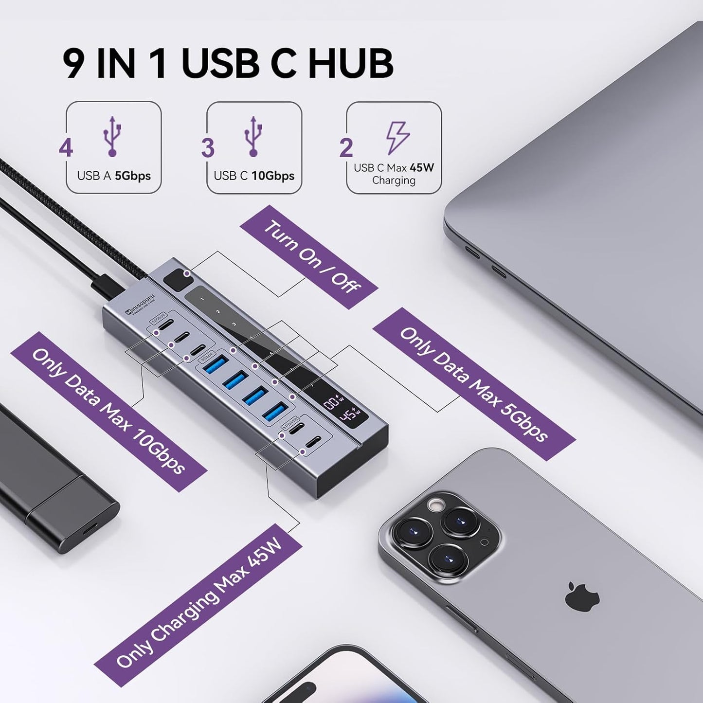 Minisopuru Powered USB C Hub – Support Max 45W Charging with 65W USB-C Power Adapter, 10Gbps, USBC Hub Charging for Meta Quest Pro, Steam, iPad Pro, iPhone, Watch (Not for Monitor)