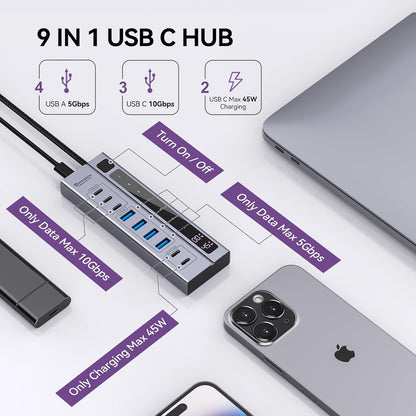 Minisopuru Powered USB C Hub – Support Max 45W Charging with 65W USB-C Power Adapter, 10Gbps, USBC Hub Charging for Meta Quest Pro, Steam, iPad Pro, iPhone, Watch (Not for Monitor)