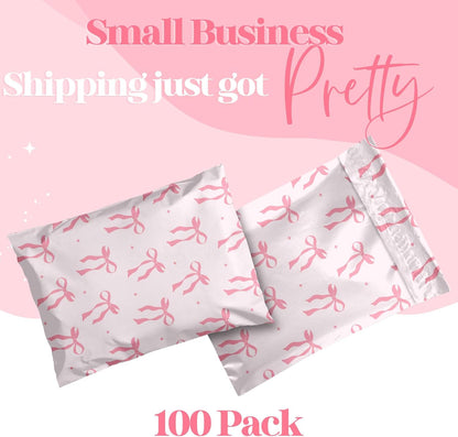 14.5x19 Designer Poly Mailer 100 Pack Heavy Duty Waterproof Self Seal Shipping Bags for Small Business Large Mailing Envelopes Bulk Tear Resistant Packaging Pink Bows Coquette