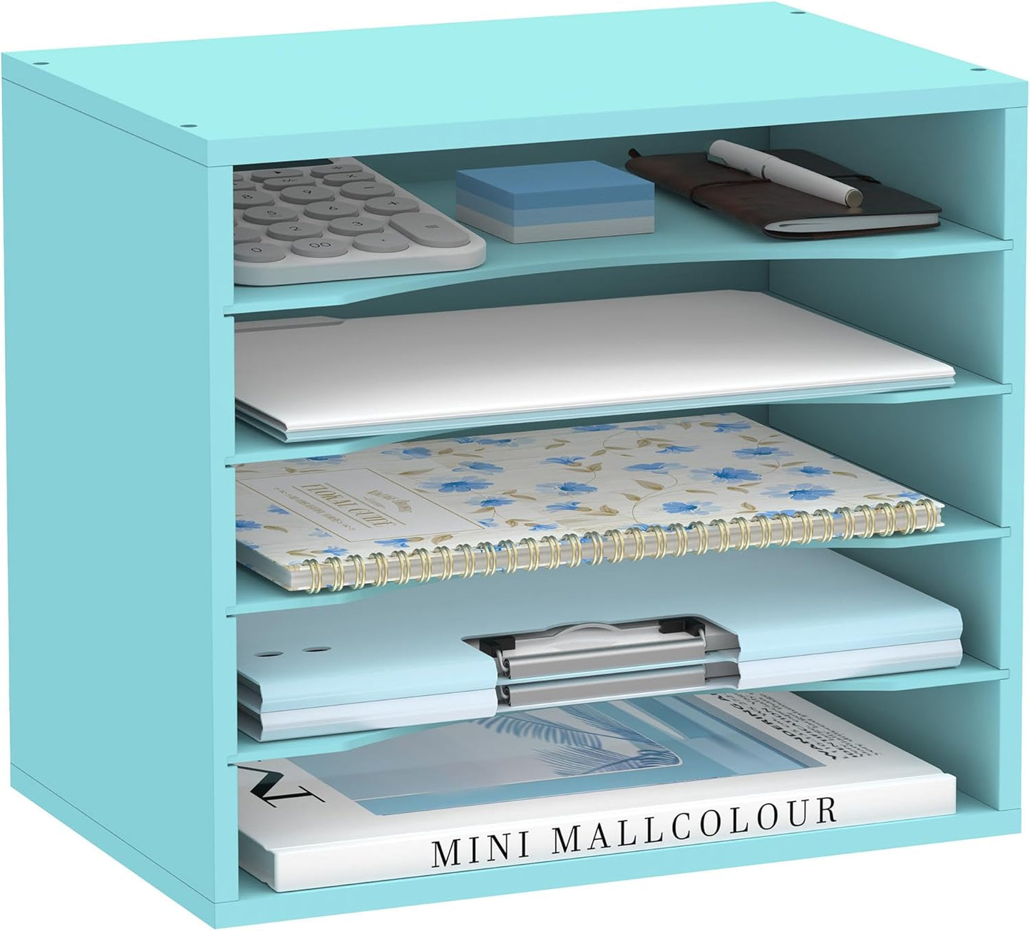 SUPEASY Wood Desk Organizer, 5 Tier Paper File Organizer for Desk, Wooden Desktop Organizer, Paper Letter Literature Mail Sorter, for Office School & Home Organization, Blue