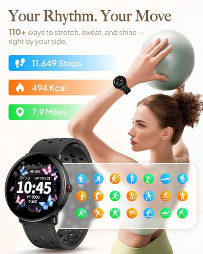 Smart Watch for Women Men, for Android iOS with Sleep & Calorie Monitor, Pedometer Fitness Tracker, Bluetooth Call, IP68 Waterproof, 112+ Sport Modes Round Face Smartwatch (Casual, Black, 1.39)