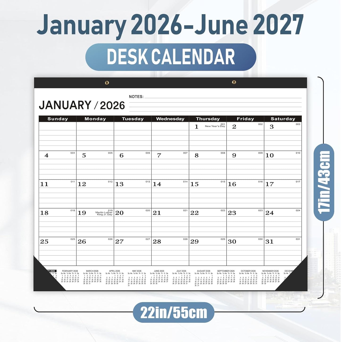 Desk Calendar 2026-2 PACK,January 2026 to June 2027,Desk calendar 2026-2027 Large 22x17, Calendar 2026 with PVC Cover,Round Holes& NOTES List (Black),18 Months 2026 Desk Calender.