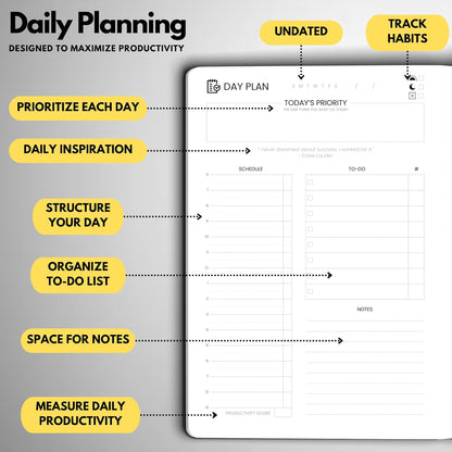 Undated Daily Planner – 6-Month A5 Productivity Organizer with Full Page Per Day, Hourly Schedule, Goal Setting, Habit Tracker, Weekly & Monthly Pages – Hardcover Time Management Notebook (Black)