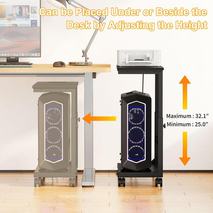 Snughome Computer Tower Stand with Charging Station, 25.0"-32.1" Height Adjustable PC Tower Stand for Floor, Mobile PC Holder with Locking Wheels Computer Cart for Home Office