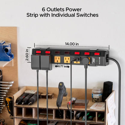 CRST 6 Outlet Metal Heavy Duty Power Strip with Individual Switches, 6FT Wall Mount Garage Power Strip, Surge Protector (1200 Joules), 15amp/1875W, 14AWG SJT Power Cord