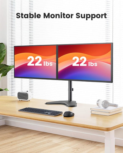 ErGear Freestanding Dual Monitor Stand for 2 Screens up to 32 inch, Heavy Duty Monitor Mount Holds Max 22 lbs per Arm, Height Adjustable Computer Monitor Stand for Desk, VESA 75x75/ 100x100mm, Black