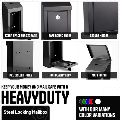 Metal Donation Box-Suggestion Box with Slot and lock-Cash Lock box for Money-Waterproof Drop Box-Comment and ballot voting box-comes with pre-drilled holes for easy wall mounting 10x6x2.5"(Black)