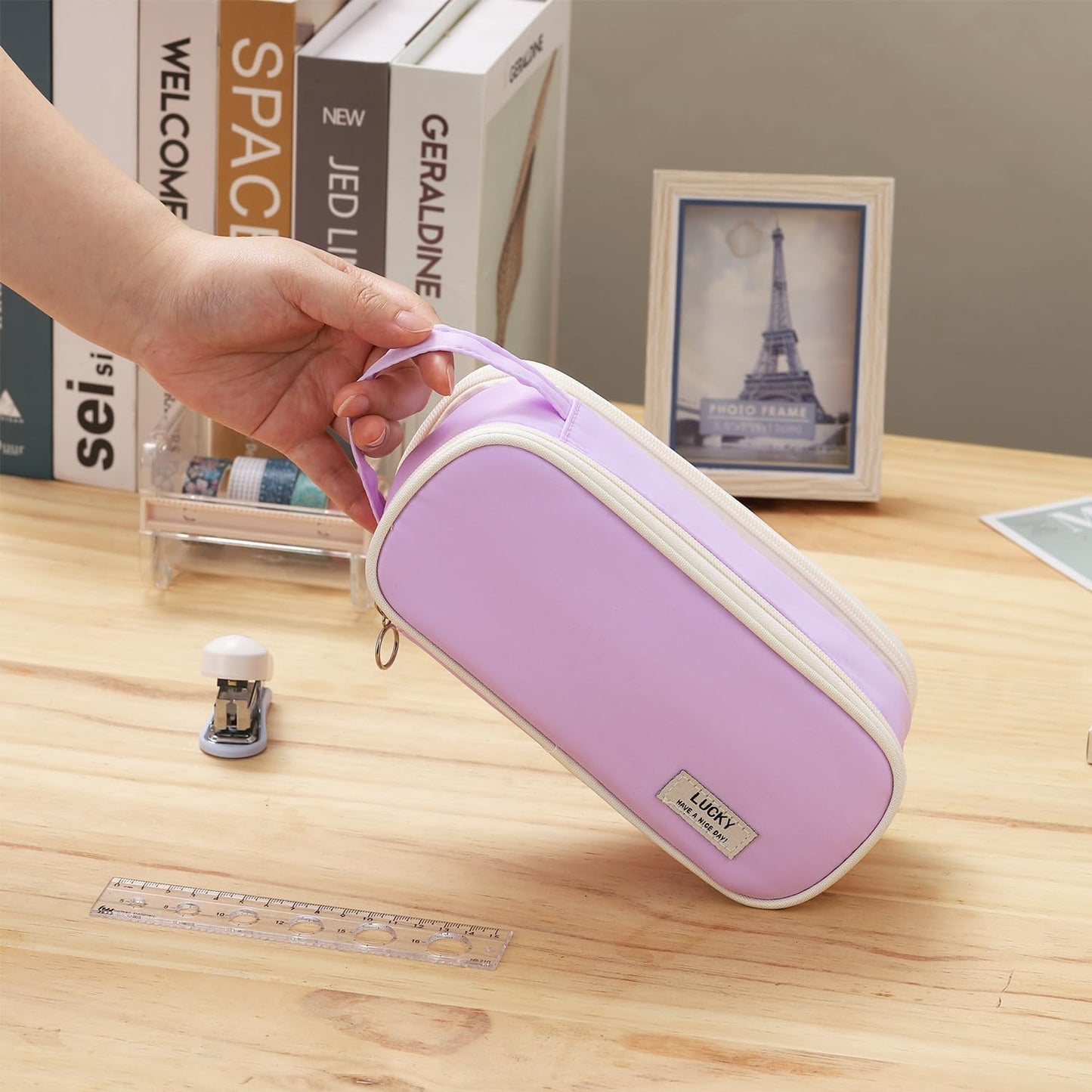 Large Pencil Case Zipper Pencil Pouch for Girls Adults Kids Aesthetic Pencil Bag Organizer Big Capacity Pen Bag with Handle Portable for School Office Purple