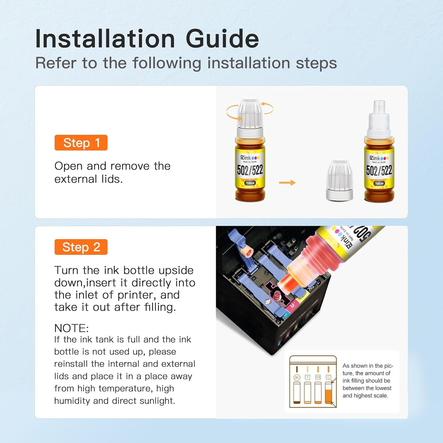 E-Z Ink Compatible Refill Ink Bottle Replacement for Epson 502 T502 522 T522 High Yield to use with ET-4760,ET-3760,ET-2760,ET-3710,ET-2750,ET-3700 Printer (Black, Cyan, Magenta, Yellow, 4 Pack)