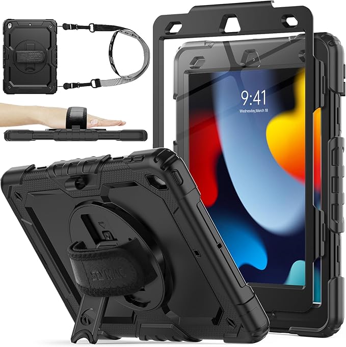 SEYMAC stock Case for iPad 9th/ 8th/ 7th Generation 10.2'', Shockproof with Screen Protector, Pencil Holder [360° Rotating Hand Strap] & Stand, for iPad 10.2 inch 2021-2019 (Black)