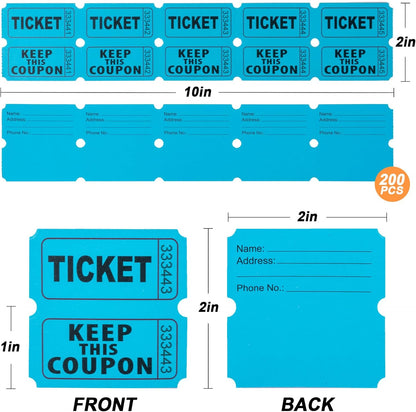 200PCS Double Roll Raffle Tickets - 50/50 Raffle Tickets Perforated Line Consecutive Numbers Tearable Writable Suitable for Raffles, Events, Carnivals, Entry, Lottery, Prizes, Blue