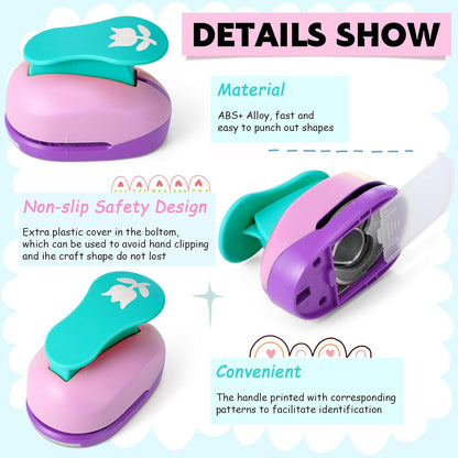 CHENGU 16 Pcs Craft Holes Punch Paper Punchers Scrapbook Punches with Craft Sticker Paper, Round, Star, Square, Heart, Flower, Wave Circle Shape (Flower Style,2 Inch)