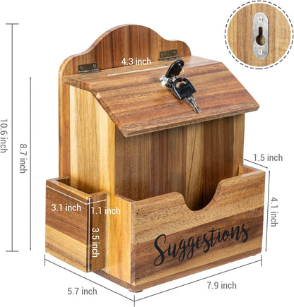 MyGift Premium Solid Acacia Wood Suggestion Box, Wall Mountable Feedback Collector with Black Cursive "Suggestions" Lettering, Comment Card Slot, Pen Holder, Top Lock and Keys