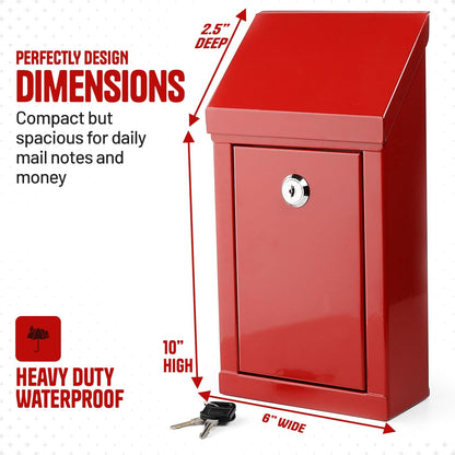 Metal Donation Box-Suggestion Box with Slot and lock-Cash Lock box for Money-Drop Box-outdoor waterproof mailbox and ballot box-comes with pre-drilled holes for easy wall mounting 10 X 6 X 2.5"(Red)