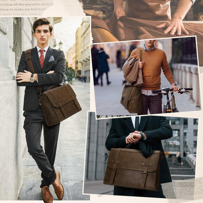 RAINSMORE Mens Messenger Bag 17 Inch Waterproof Vintage Leather Laptop Briefcase Large Laptop Bag Satchel Bag Computer Shoulder Bag for Office Business Travel College,Dark Brown