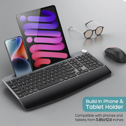 Ergonomic Wireless Keyboard and Mouse with Wrist Rest，Phone Holder - 2.4GHz Full-Sized Low-Profile Quiet Wireless Mouse and Keyboard Combo for Computer, Laptop, PC, Mac-Grey