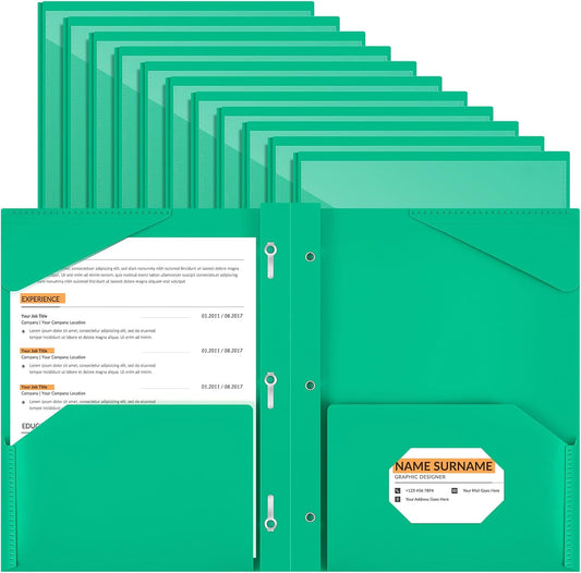 Henoyso 18 Pcs Plastic Folder with Clear Front Pocket and 3 Prong Plastic Folders with Card Slot Pocket Folders with Prongs for School Office (Green)