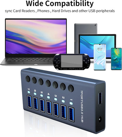 MaxLax 7 Port Aluminum USB 3.0 hub with 7 Port USB Data Transfer,36W (12V/3A) Power Adapter USB Splitter Independent Switch