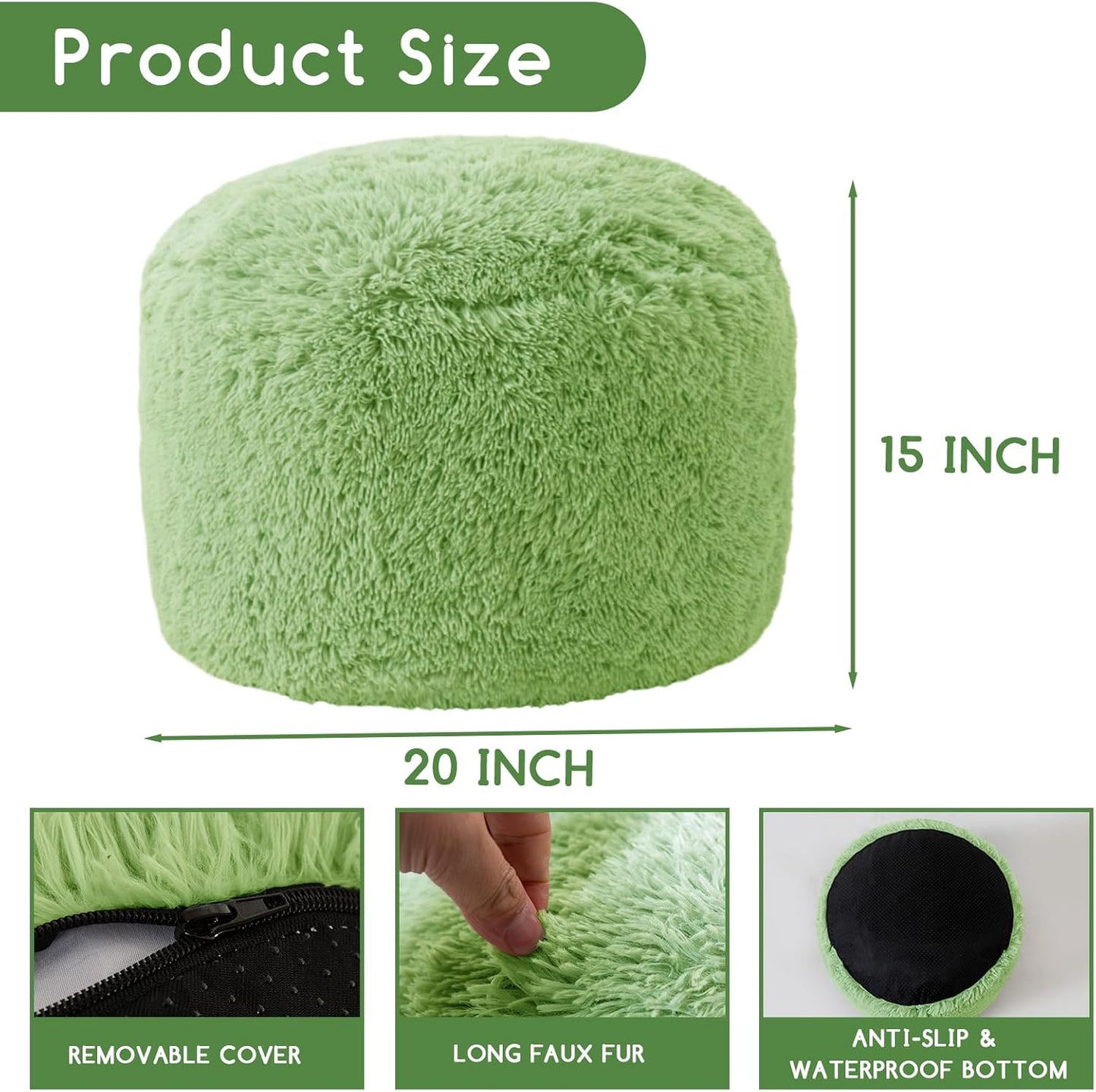 HIGOGOGO Round Stuffed Pouf Ottoman, Long Faux Fur Poufs with Foam Chunk Filling, Fluffy and Furry Pouf Foot Stool Storage Ottoman, 20 X 15 Floor Poufs Foot Rest for Living Room, Green