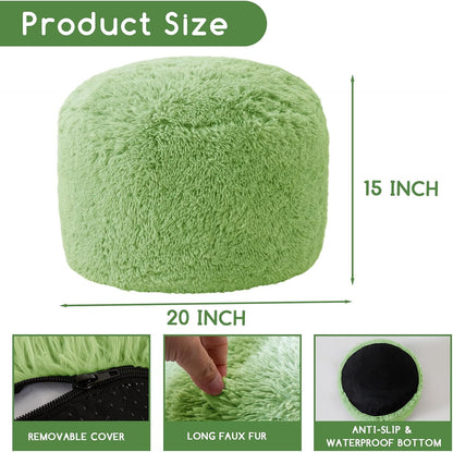 HIGOGOGO Round Stuffed Pouf Ottoman, Long Faux Fur Poufs with Foam Chunk Filling, Fluffy and Furry Pouf Foot Stool Storage Ottoman, 20 X 15 Floor Poufs Foot Rest for Living Room, Green