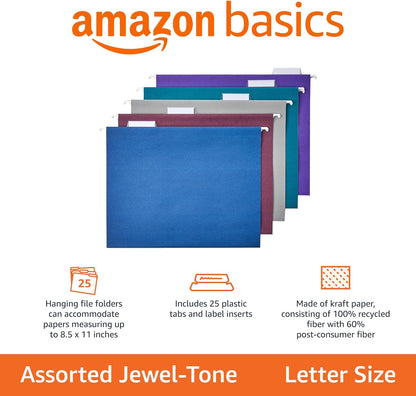 Amazon Basics Hanging File Folders, Sturdy, Letter Size, 25-Pack, Assorted Jewel-tone Colors