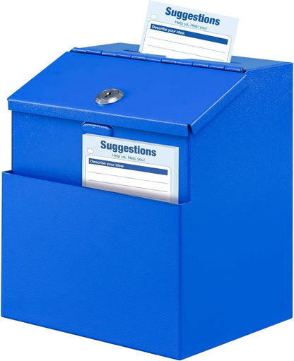 KYODOLED Suggestion Box with Lock, Metal Wall Mounted Donation and Ballot Drop Box with Slot & 2 Keys, 50 Free Suggestion Cards, 8H x 5.7W x 7L Inch, Blue