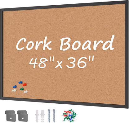 Board2by Cork Board Bulletin Board 36 x 48, Black Wood Framed 4x3 Corkboard, Office Board for Wall Cork, Large Wall Mounted Notice Pin Board with 18 Push Pins for School, Home & Office