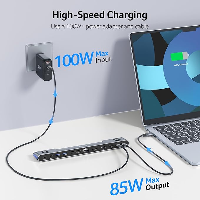 Acer Laptop Docking Station Stand, 11-in-1 USB C Docking Station 3 Monitors with Dual HDMI 4K@60Hz+DP 8K, Ethernet, 10Gbps Data, 100W PD, SD/TF, USB C Dock with Detachable Cable for Acer/Dell/Mac/HP