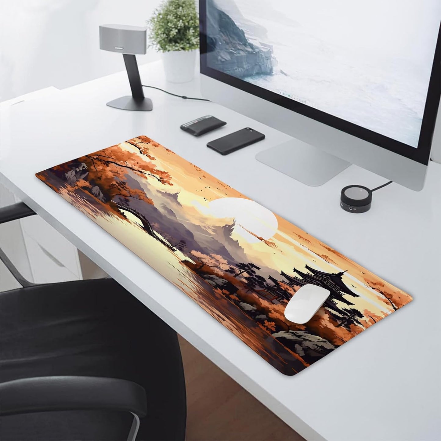 Orange Japanese Sakura Gaming Mouse Pad XL Yellow Cherry Blossom Mountain Aesthetic Large Desk Mat Big Mousepad Non-Slip Rubber Base Stitched Edge Long Desk Pad for Desktop Computer,31.5×11.8 in
