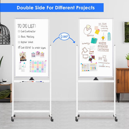 Magnetic Mobile White Board, 48 x 24 Double Sided Dry Erase Board Rolling Whiteboard Aluminum Frame Standing Whiteboard on Wheels