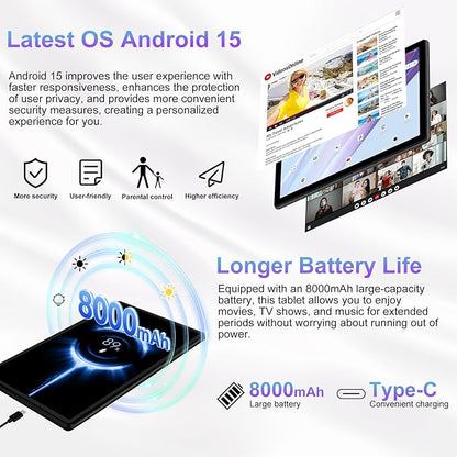 2025 Tablet 10 inch Android 15 Tablets 30GB RAM 128GB ROM 1TB Expand, 8000mAh Octa-Core Tablet with Drop-proof Case, Gemini AI, HD IPS Display, GPS, 5G WIFI, Split-screen, Widevine L1 -Metal Black