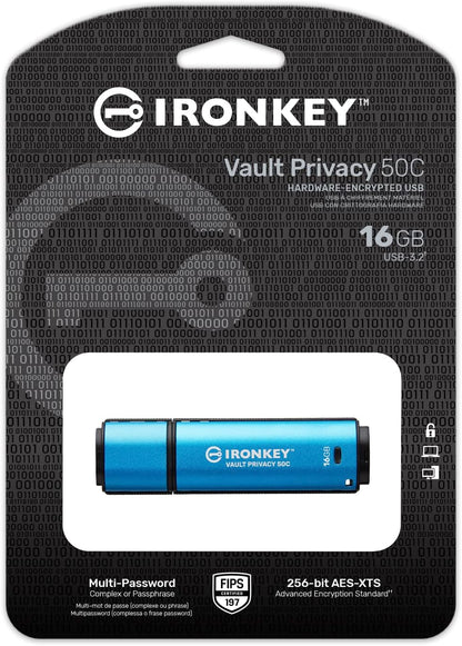 Kingston Ironkey Vault Privacy 50 USB-C 16GB Flash Drive | FIPS 197 Certified | XTS-AES 256-bit | BadUSB and Brute Force Protection | Mult-Password Option | IKVP50C/16GB