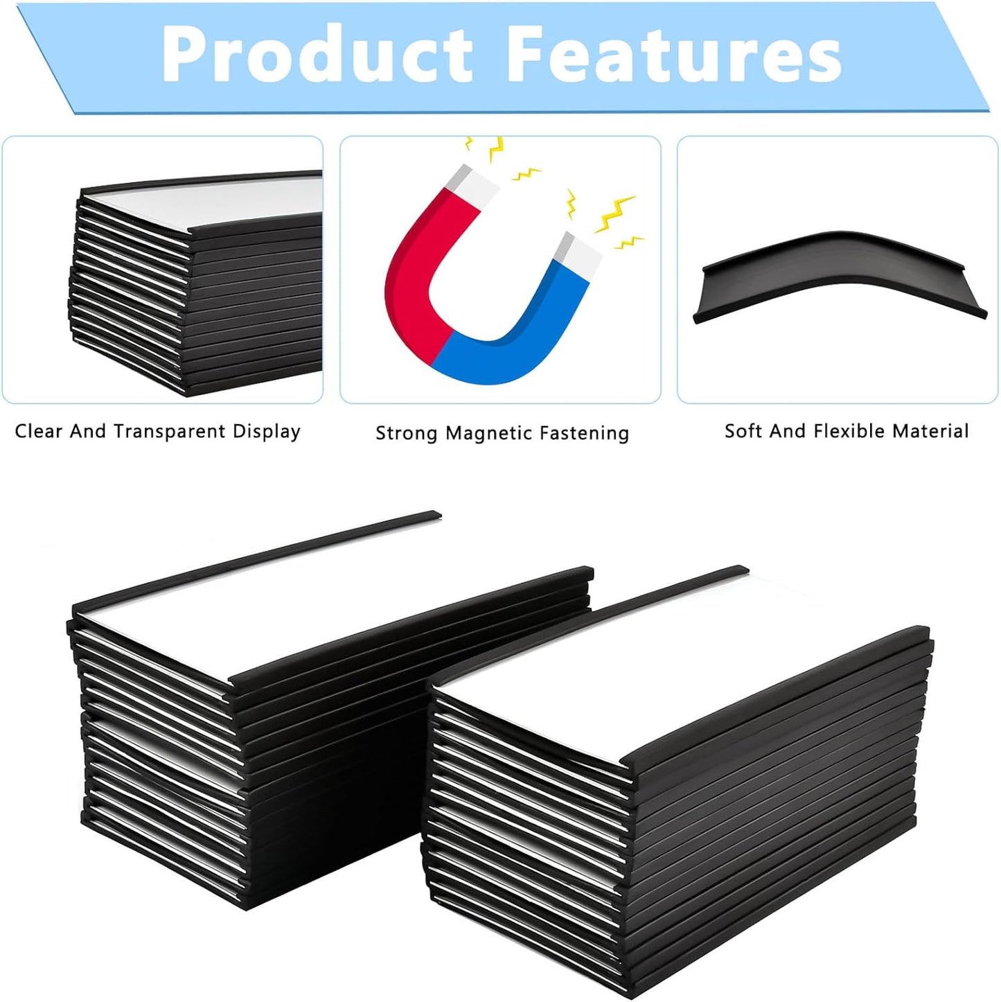 30 Pcs Magnetic Label Holder, 4 x 2 Inch C Channel Label Holders, Magnetic Data Card Holders with 60 White Card Inserts for Metal Shelf, Whiteboard, File Cabinet