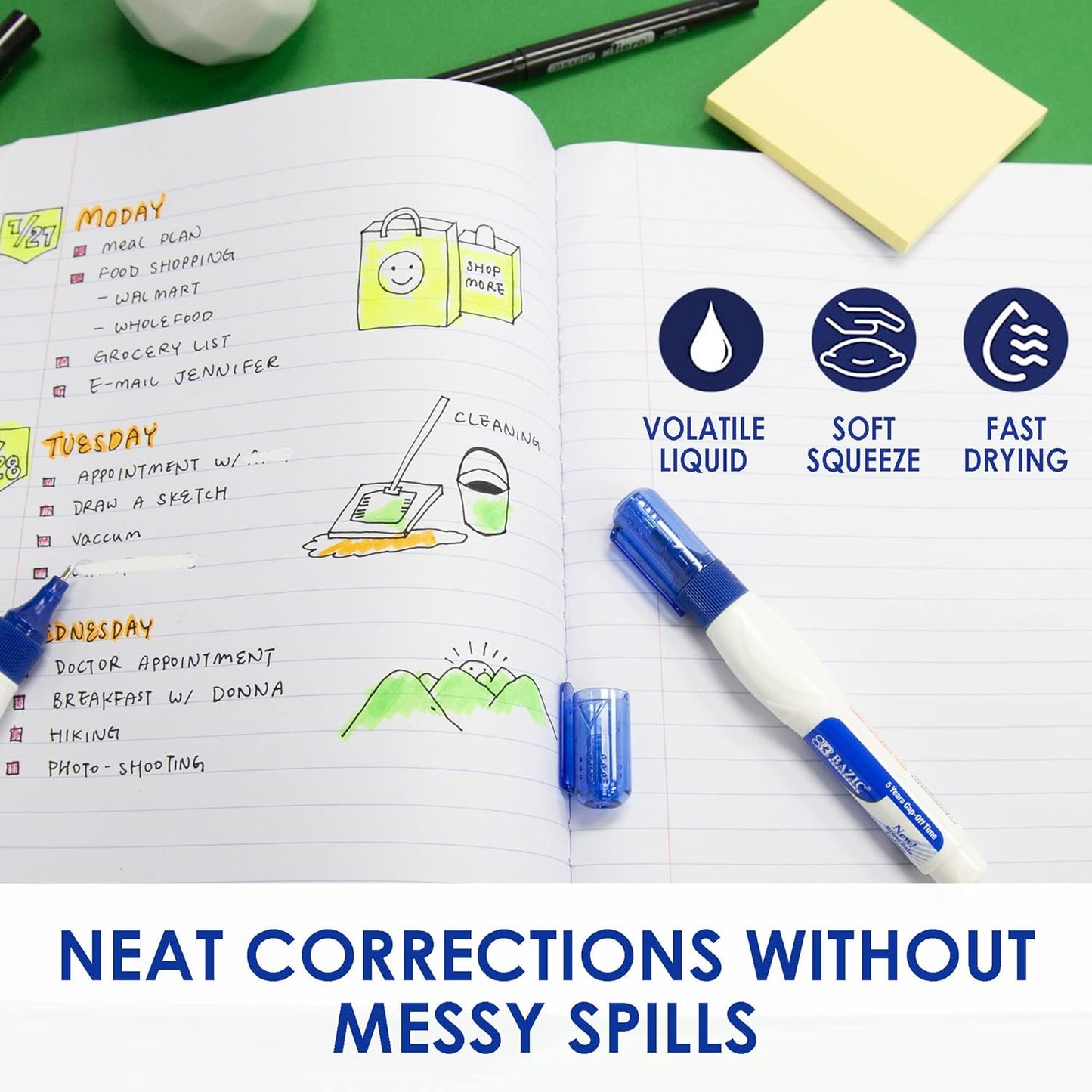 BAZIC Correction Pen, Precise Metal Tip Applicator, Fine Point Corrections Fluid, White Out Wipe Out Liquid (2/Pack), 24-Packs