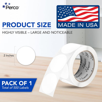 Perco White 2-Inch Round Circle Dot Sticker Labels with Easy Peel Perforation - 500 Labels per Roll - Strong Adhesion, Vibrant Colors for Organizing, Crafting & More - Made in USA