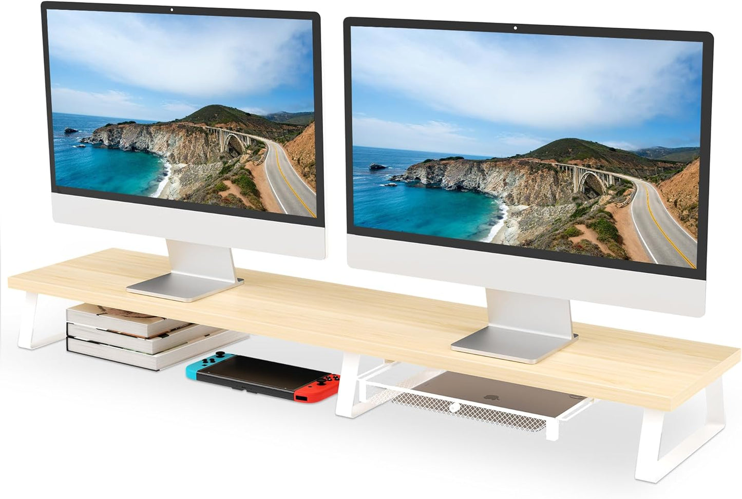 Aothia Dual Monitor Stand Riser - Monitor Stand with Drawer,Monitor Stand For 2 Monitors, Desk Shelf For Monitor with Metal Legs, Wood Monitor Stand with Storage Organize For Pc,Laptop,Screen (Oak)