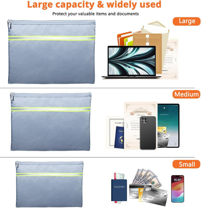 Fireproof Document Bag – 3 Pack (15" x 11", 13" x 9.7", 10.5" x 8") Fireproof & Water- proof Document Organizer | Document Holder with Zipper Secure for Cash, Passports, Check& More