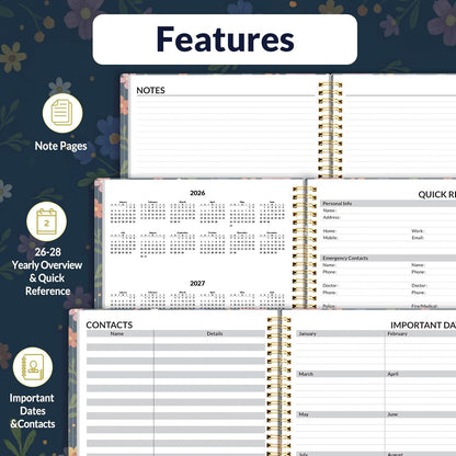 SUNEE 2026 Weekly and Monthly Planner - from January 2026 - December 2026, 8.5"x11" Daily Agenda Planner with Monthly Tab, Flexible Cover, Note Pages, Pockets, Bookmark, Spiral Binding, Navy Flower