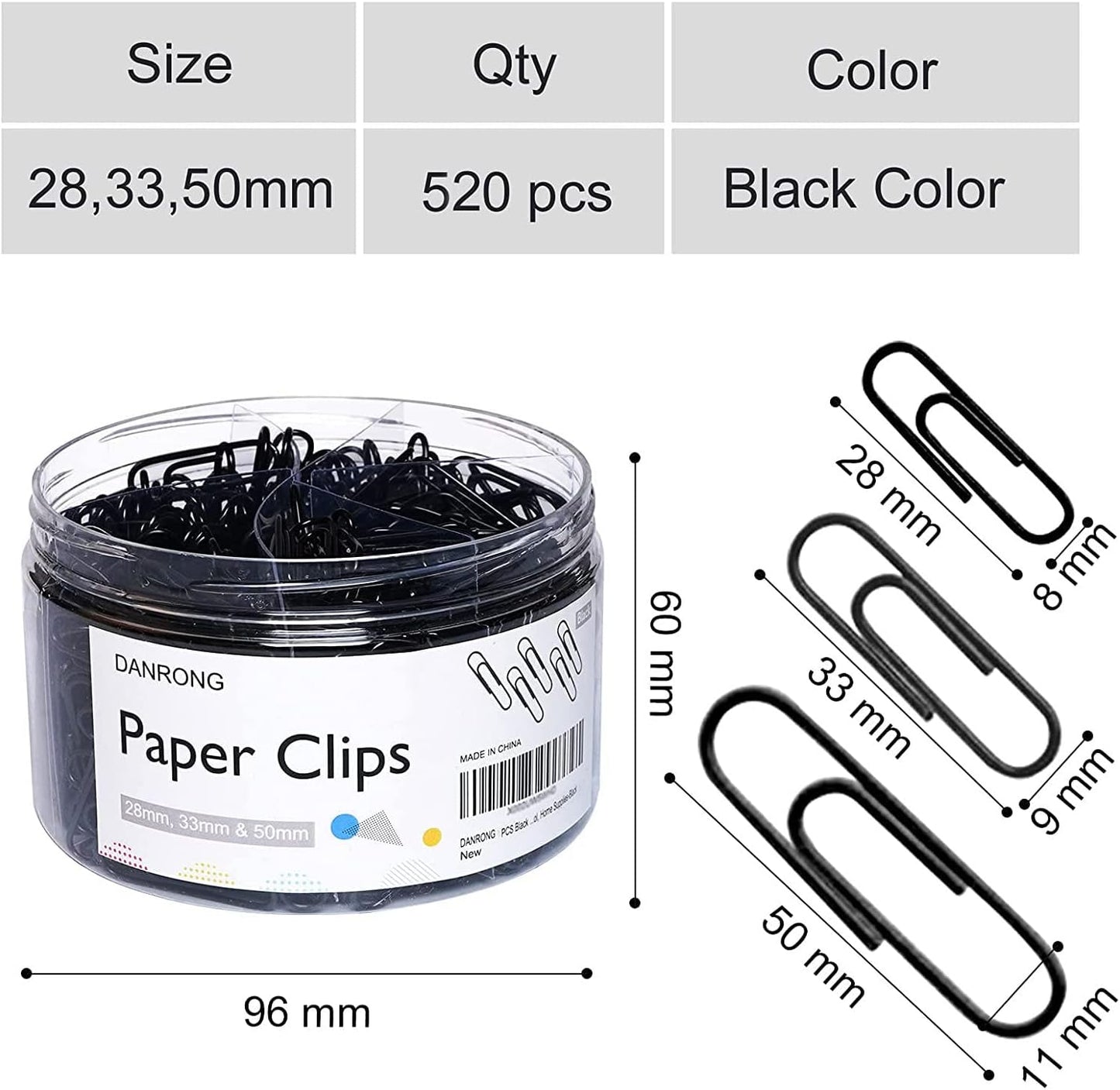 520 PCS Black Paper Clips Assorted Sizes, Small Medium and Large (1.1", 1.3" & 2"), Paperclips for Office, School, Home Supplies-Black