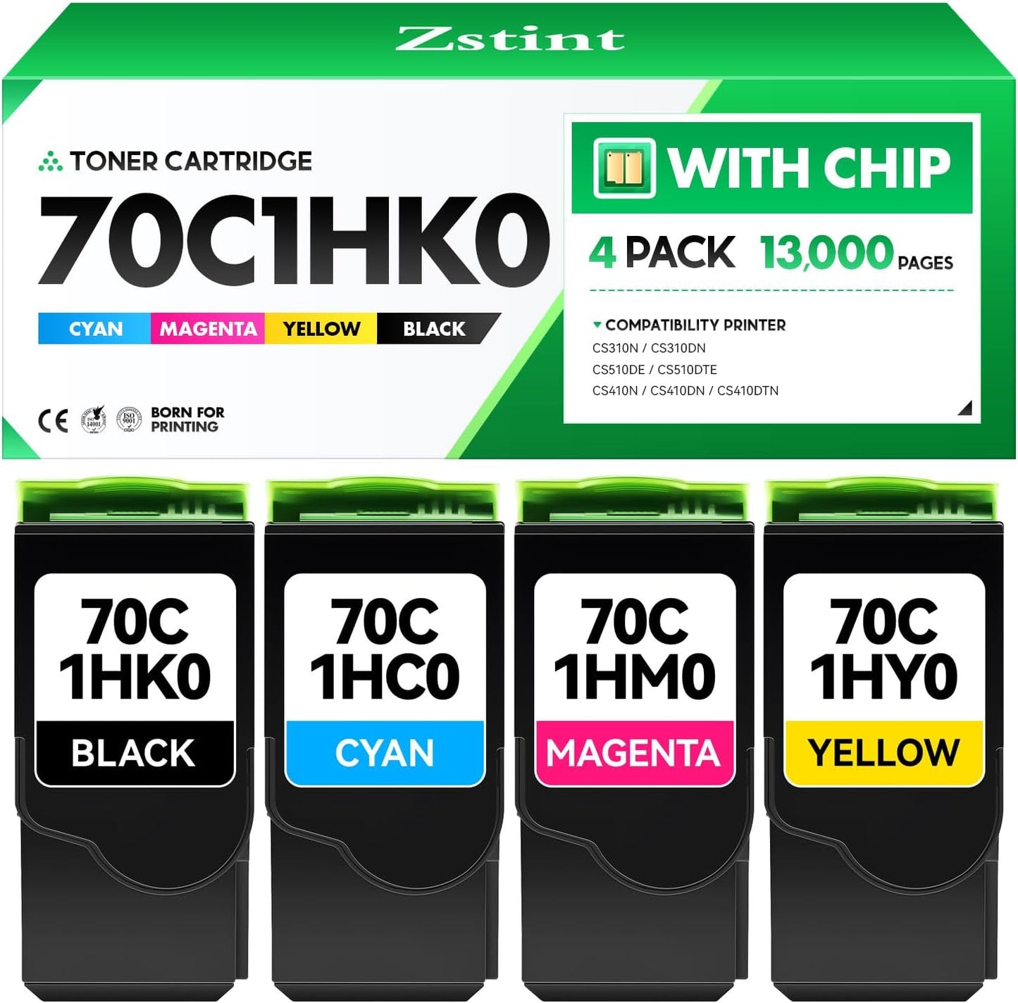 70C1HK0 70C1HC0 70C1HM0 70C1HY0 Toner Cartridge Set 4-Pack Black Cyan Magenta Yellow with chip Replacement Compatible for Lexmark CS310N CS310DN CS510DE CS510DTE CS410N CS410DN CS410DTN Laser Printer