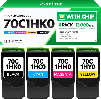 70C1HK0 70C1HC0 70C1HM0 70C1HY0 Toner Cartridge Set 4-Pack Black Cyan Magenta Yellow with chip Replacement Compatible for Lexmark CS310N CS310DN CS510DE CS510DTE CS410N CS410DN CS410DTN Laser Printer
