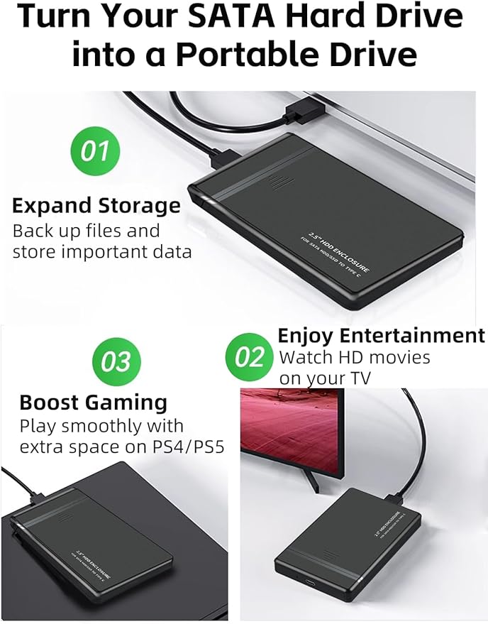 2.5'' SATA SSD External Hard Drive Enclosure, USB 3.1 to SATA 6Gbps, Tool-Free Transparent Case, Supports 7mm/9.5mm 2.5'' SSD, Up to 8TB, Plug & Play for PC, Laptop, PS5, Xbox