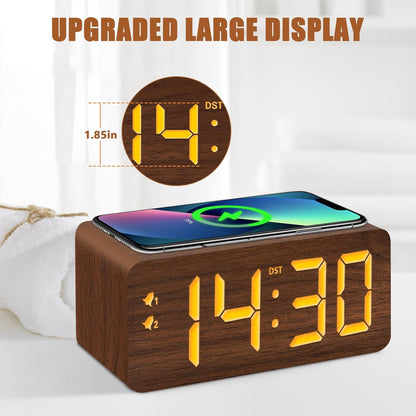 Wood Digital Alarm Clock with 10W Fast Wireless Charger, USB Charging Ports, DST, Dimmable, Snooze, Large Number LED Display for Bedrooms, Desk, Living Room Table, Bedside, Nightstand (Brown)