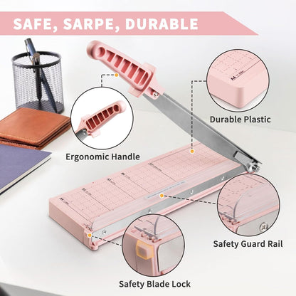 MAKEASY Paper Cutter 12 Inch, Guillotine Paper Cutter with 8 Sheet Capacity, Heavy Duty Paper Cutter for Cardstock, Paper Trimmer for Crafting, Classroom and Office, Pink