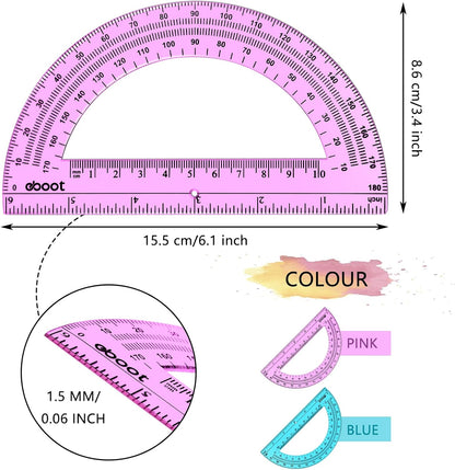 EBOOT 24 Pack Plastic Protractors Math Protractor 180 Degrees 6 Inch (Pink, Blue)