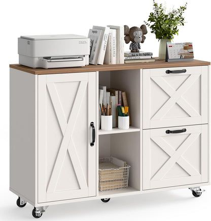 Lateral File Cabinet with 2 Drawers and Door, Mobile Farmhouse File Cabinet for Letter/A4 Size Hanging Files, Large Wood File Storage Cabinets Printer Stand for Home Office, White